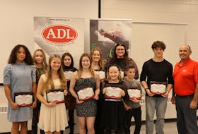Gymnastics P.E.I. and ADL recently presented awards for the 2022-23 season in Summerside recently. Award winners were, front row, from left: Presley Dunsford, senior Xcel female athlete of the year; Chloe Cudmore, national female athlete of the year; Olivia Passmore, compulsory female athlete of the year; Matao Burden, Matthieu D’Amour Provincial Stream male athlete of the year; Jacob Martin, Scott Chandler senior male athlete of the year, and Mark MacGuigan, ADL representative. Back row: Chloe Thomson, junior Xcel athlete of the year; Nealah Court, senior provincial female athlete of the year; Anna Smith, junior provincial female athlete of the year; Dara MacInnis, women’s official of the year, and Kristi Macleod, women’s artistic gymnastics coach of the year. Contributed