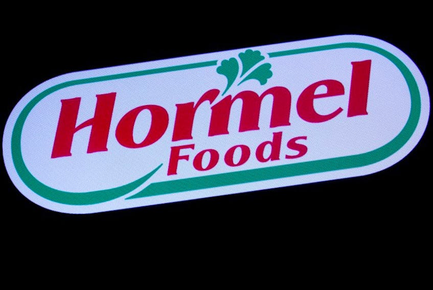 The company logo for Hormel Foods is displayed on a screen on the floor at the New York Stock Exchange (NYSE) in New York, U.S., October 9, 2019.
