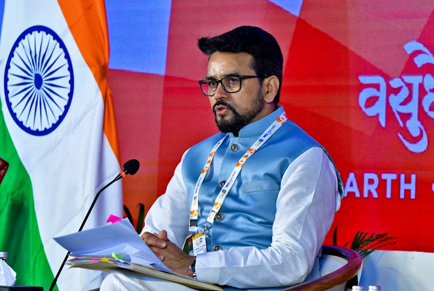 India's Information Minister Anurag Thakur addresses a news conference after welcoming delegates to G20 finance officials meeting near Bengaluru, India, February 22, 2023.