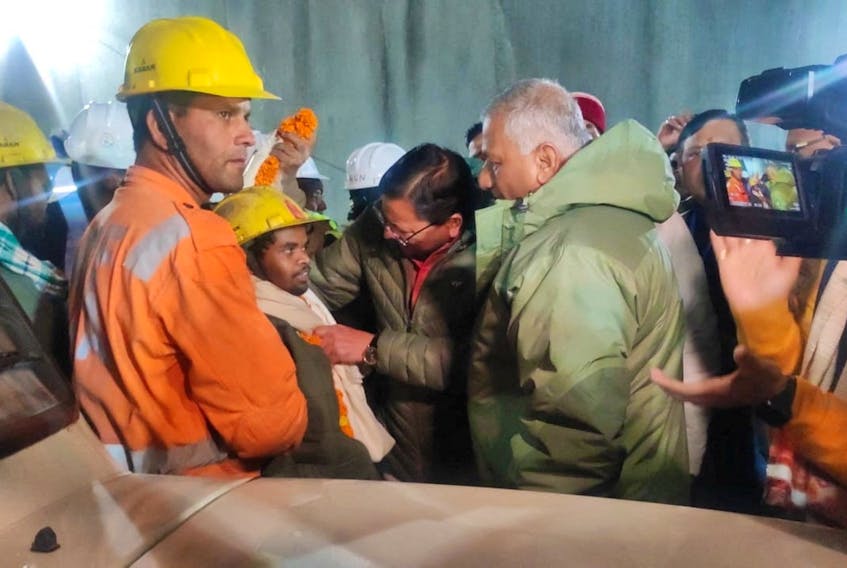 One of the trapped workers is checked out after he was rescued from the collapsed tunnel site in Uttarkashi in the northern state of Uttarakhand, India, November 28, 2023. Uttarkashi District Information Officer/Handout via