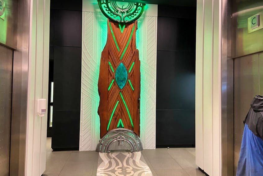 An art installation of Maori forest god Tane Mahuta is seen on display at the lobby of New Zealand's Central Bank building in Wellington, New Zealand September 22, 2021. Picture taken September 22, 2021.