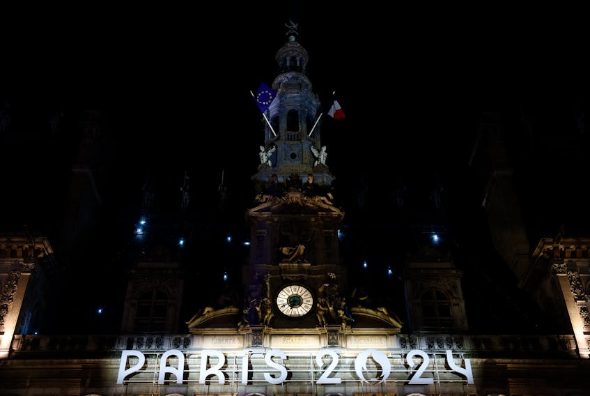 Olympics - Christmas village in the colours of the Olympic and Paralympic Games in Paris - Paris City Hall, Paris, France - November 28, 2023  General view of a Paris 2024 sign in the village