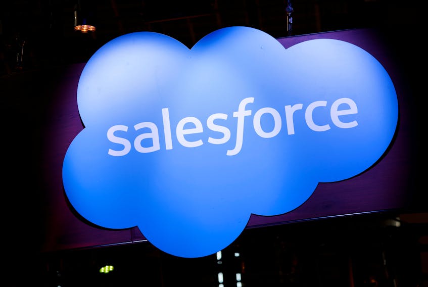 A logo of Salesforce is seen at its exhibition space, at the Viva Technology conference dedicated to innovation and startups at the Porte de Versailles exhibition center in Paris, France June 16, 2022.