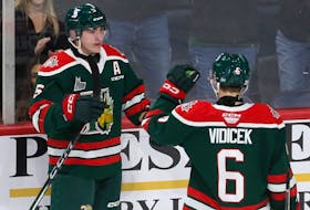 Halifax Mooseheads defenceman Brady Schultz, left, had a goal and three assists in a 5-4 overtime loss to the Blainville-Boisbriand Armada on the road on Wednesday.