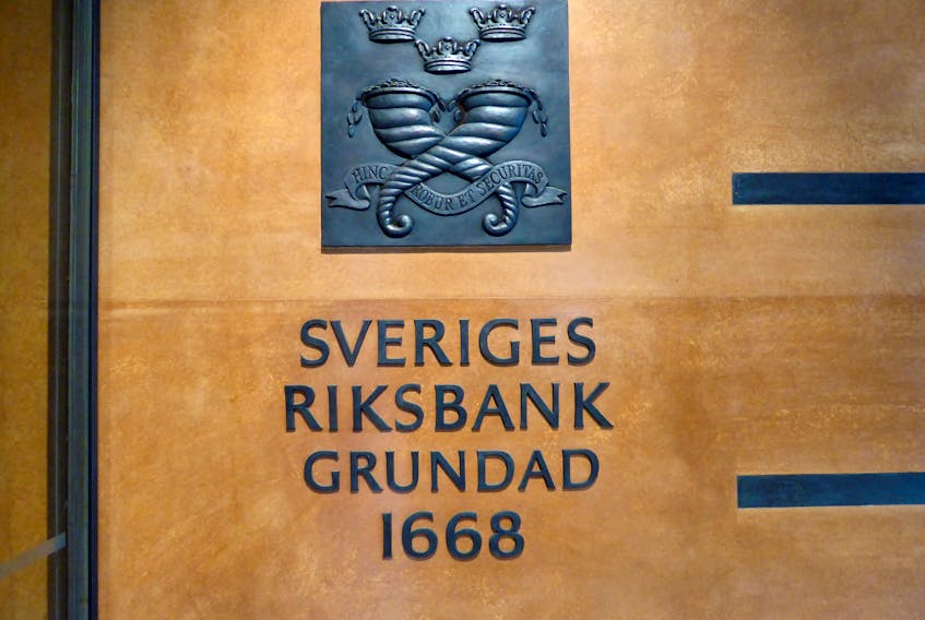 The sign for Sweden's central bank is pictured in Stockholm, Sweden, August 12, 2016.