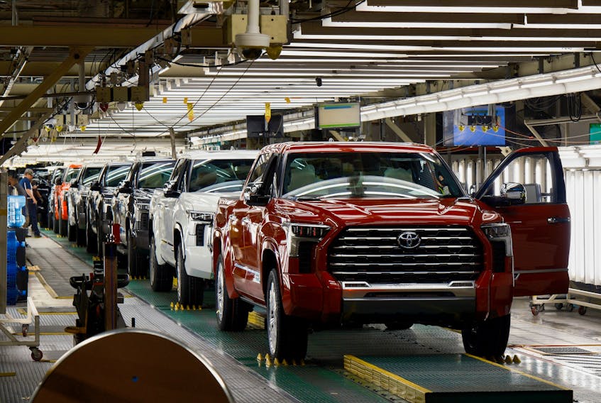 Tundra trucks and Sequoia SUV's exit the assembly line as finished products at Toyota's truck plant in San Antonio, Texas, U.S. April 17, 2023. 