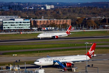 Virgin Atlantic Boeing 787 taxis on the tarmac before departing to perform the first 100% Sustainable Aviation Fuel transatlantic flight to John F. Kennedy International Airport in New York from Heathrow airport, in London, Britain, November 28, 2023.