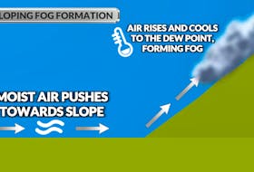 As moist air is pushed up a slope, it cools, and once it reaches the dew point can form fog.