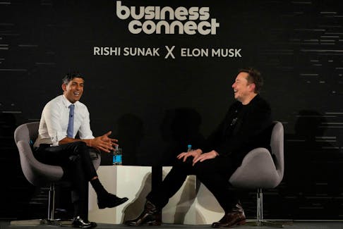 British Prime Minister Rishi Sunak attends an in-conversation event with Tesla and SpaceX's CEO Elon Musk in London, Britain, Thursday, Nov. 2, 2023. Kirsty Wigglesworth/Pool via