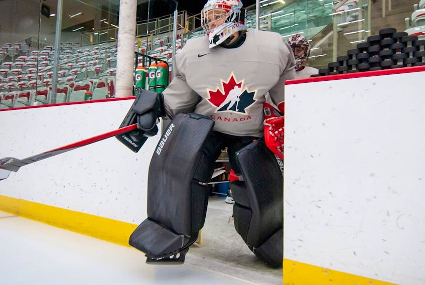 Manitoba-raised goalie Kristen Campbell hits the ice for a training-camp session with Hockey Canada in January 2021.