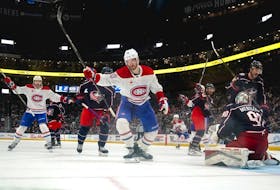 Joel Armia #40 of the Montreal Canadiens celebrates a goal during the third period against the Columbus Blue Jackets at Nationwide Arena on Nov. 29, 2023 in Columbus, Ohio.