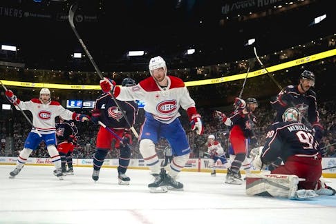 Joel Armia #40 of the Montreal Canadiens celebrates a goal during the third period against the Columbus Blue Jackets at Nationwide Arena on Nov. 29, 2023 in Columbus, Ohio.