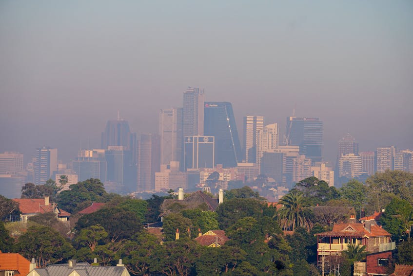 Smoke from backburning of the bush by authorities ahead of the summer bushfire season shrouds the skyline of Sydney, Australia, September 14, 2023.
