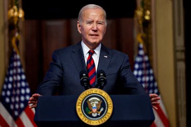 U.S. President Joe Biden speaks In the Indian Treaty Room of the Eisenhower Executive Office Building at the White House complex in Washington, U.S., November 27, 2023.