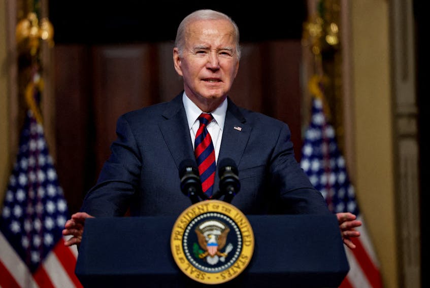 U.S. President Joe Biden speaks In the Indian Treaty Room of the Eisenhower Executive Office Building at the White House complex in Washington, U.S., November 27, 2023.