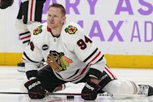 Chicago Blackhawks right wing Corey Perry (94) warms up before an NHL hockey game against the Nashville Predators, Saturday, Nov. 18, 2023, in Nashville, Tenn.