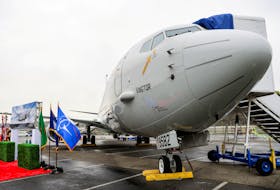 The first P-8A Poseidon maritime patrol aircraft for Norway is displayed during a delivery ceremony at Boeing Field in Seattle, Washington, U.S. November 18, 2021.