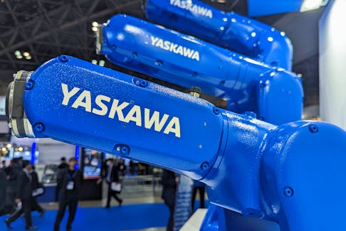 Yaskawa Electric robots are pictured at a trade show in Tokyo, Japan, November 29, 2023.