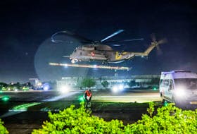 A helicopter carrying hostages released amid a hostages-prisoners swap deal between Hamas and Israel arrives at Sheba Medical Center in Ramat Gan, Tel Aviv district, Israel, November 30, 2023.
