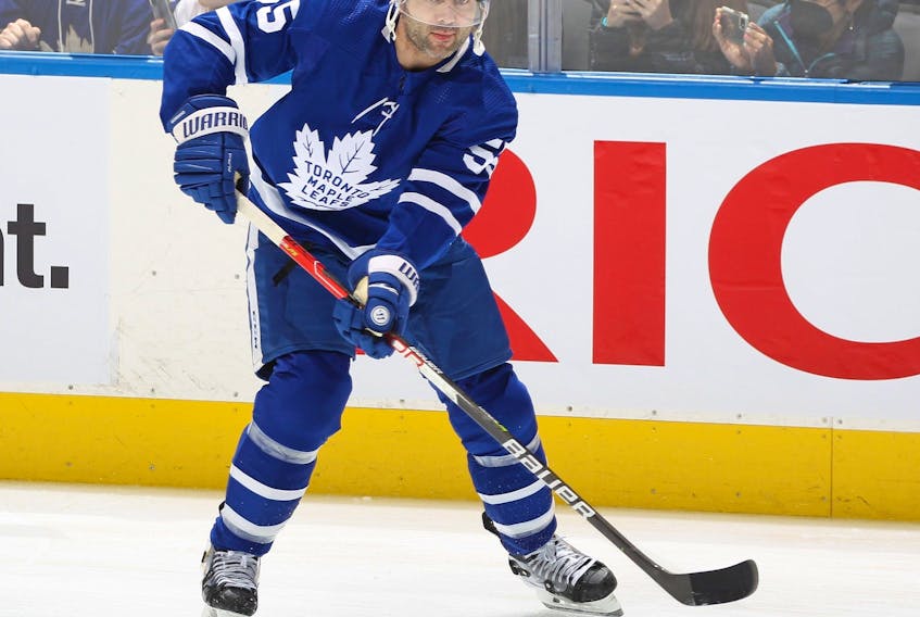 Maple Leafs defenceman Mark Giordano warms up prior to playing against the Winnipeg Jets at Scotiabank Arena on March 31, 2022 in Toronto.