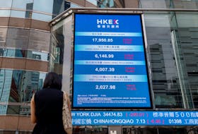 A screen showing the Hang Seng stock index is seen outside Exchange Square, in Hong Kong, China, August 18, 2023.