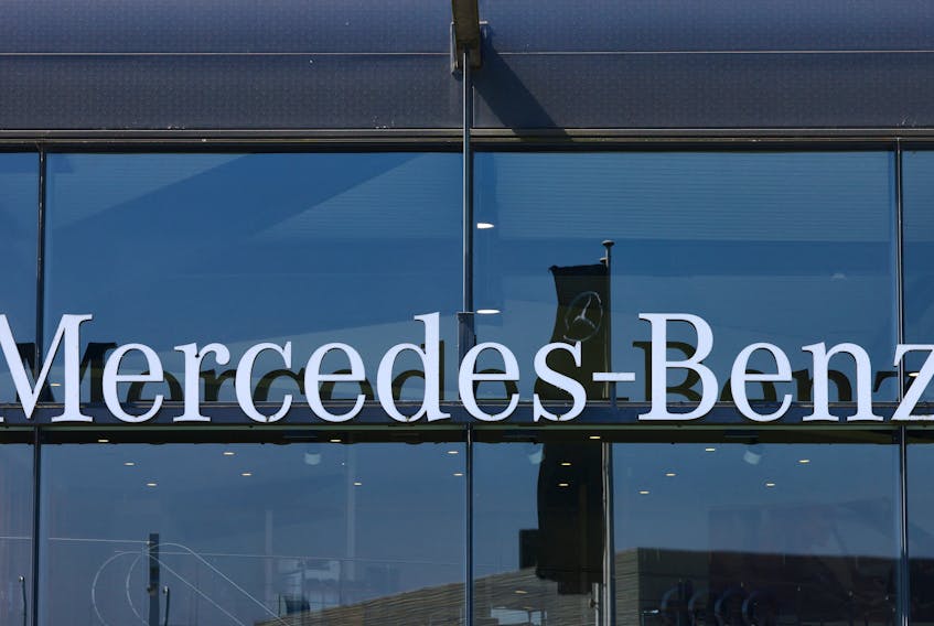 The logo of Mercedes-Benz is seen outside a Mercedes-Benz car dealer in Brussels, Belgium June 1, 2023.