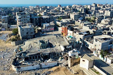 A mosque destroyed in Israeli strikes during the conflict lies in ruin, amid a temporary truce between the Palestinian Islamist group Hamas and Israel, in Khan Younis in the southern Gaza Strip November 29, 2023.