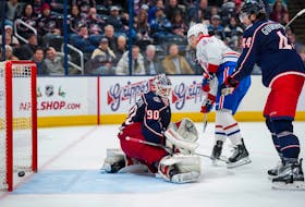 Nov 29, 2023; Columbus, Ohio, USA;  Columbus Blue Jackets goaltender Elvis Merzlikins (90) reacts after Montreal Canadiens right wing Joel Armia (40) deflects the puck for a goal in the third period at Nationwide Arena. Mandatory Credit: Aaron Doster-USA TODAY Sports
