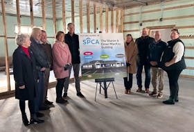 Municipal leaders gathered to announce their capital contribution to the new SPCA facility in Stellarton. From left: Honourable Sharon and Elmer MacKay - Honorary Chairs of the fundraising committee, Warden Robert Parker - Municipality of the County of Pictou, Marsha Sobey - Campaign Chair, Mayor Danny MacGillivray - Town of Stellarton, Mayor Nancy Dicks - Town of New Glasgow, Steve Smith - Co-chair of the fundraising committee, Mayor Lennie White - Town of Westville, Elizabeth Murphy - CEO, Nova Scotia SPCA, missing Mayor Jim Ryan - Town of Pictou.