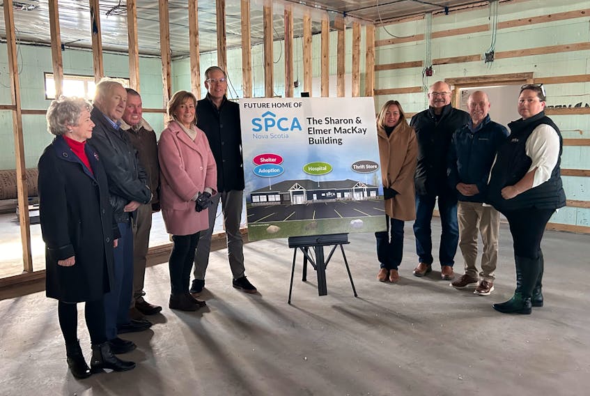 Municipal leaders gathered to announce their capital contribution to the new SPCA facility in Stellarton. From left: Honourable Sharon and Elmer MacKay - Honorary Chairs of the fundraising committee, Warden Robert Parker - Municipality of the County of Pictou, Marsha Sobey - Campaign Chair, Mayor Danny MacGillivray - Town of Stellarton, Mayor Nancy Dicks - Town of New Glasgow, Steve Smith - Co-chair of the fundraising committee, Mayor Lennie White - Town of Westville, Elizabeth Murphy - CEO, Nova Scotia SPCA, missing Mayor Jim Ryan - Town of Pictou.