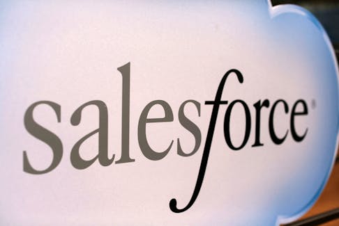 A Salesforce sign is seen during the company's annual Dreamforce event, in San Francisco, California November 18, 2013.