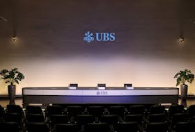 The logo of UBS is seen prior to a press conference of the Swiss bank after the takeover of Credit Suisse, in Zurich, Switzerland, August 31, 2023.