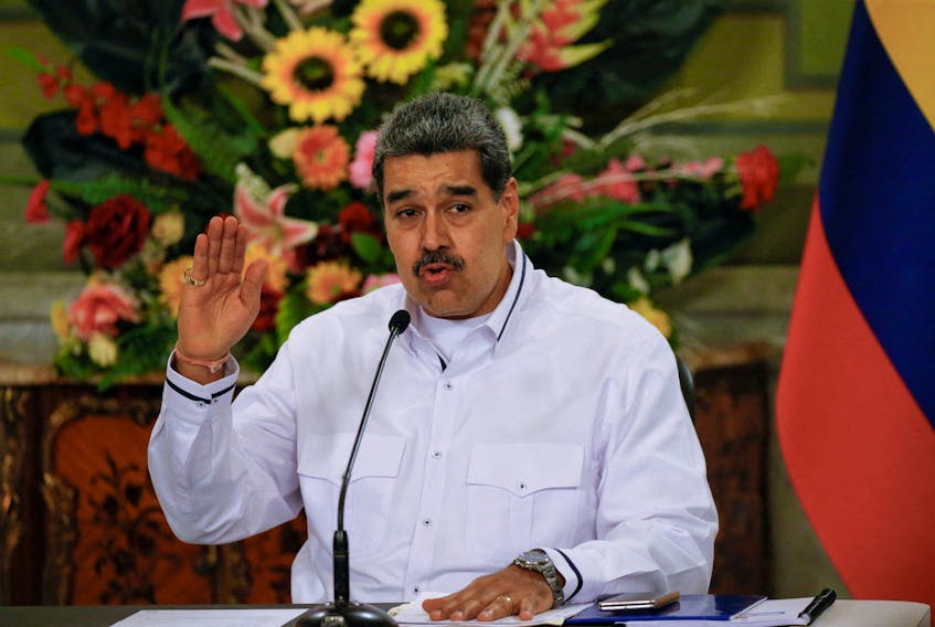 Venezuela's President Nicolas Maduro speaks during a meeting with Colombia's President Gustavo Petro at the Miraflores Palace in Caracas, Venezuela, November 18, 2023.