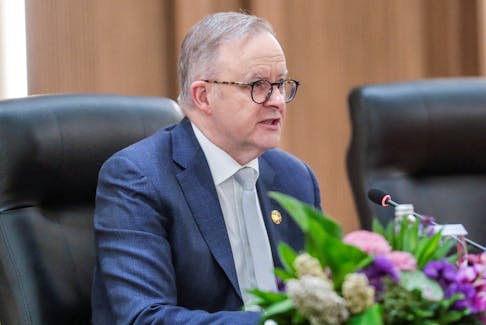 Australia's Prime Minister Anthony Albanese speaks during the bilateral meeting with Indonesia's President Joko Widodo on the sidelines of the 43rd Association of Southeast Asian Nations (ASEAN) Summit in Jakarta, Indonesia, 07 September 2023. BAGUS INDAHONO/Pool via