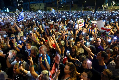 People demand the immediate release of hostages held in Gaza who were seized in the October attack by Hamas gunmen, in Tel Aviv, Israel, November 4, 2023.
