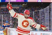 Nazem Kadri #91 of the Calgary Flames celebrates after scoring against the Edmonton Oilers during the first period of the 2023 Tim Hortons NHL Heritage Classic at Commonwealth Stadium on October 29, 2023 in Edmonton, Alberta, Canada.