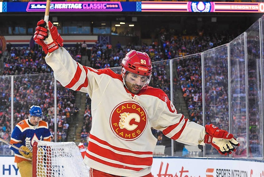 Nazem Kadri #91 of the Calgary Flames celebrates after scoring against the Edmonton Oilers during the first period of the 2023 Tim Hortons NHL Heritage Classic at Commonwealth Stadium on October 29, 2023 in Edmonton, Alberta, Canada.