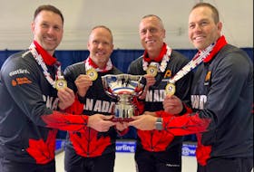 Brad Gushue (left) and his team, which also includes, from left, Mark Nichols, E.J. Harnden and Geoff Walker, won their second straight 2023 Pan Continental curling championship over the weekend when they defeated South Korea in the final on Nov. 4. Contributed photo