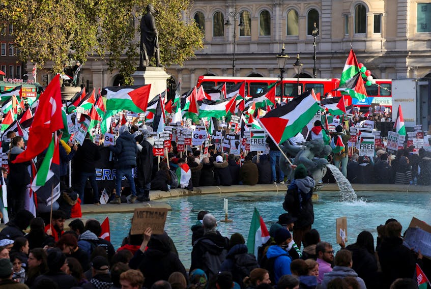 Demonstrators gather at Trafalgar Square as they protest in solidarity with Palestinians in Gaza, amid the ongoing conflict between Israel and the Palestinian Islamist group Hamas, in London, Britain, November 4, 2023.