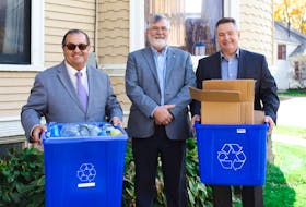 New Brunswick Environment Minister Gary Crossman, left, FranK LeBlanc, the CEO of Recycle NB, and Jeff MacCallum, a managing director with Circular Materials, have announced the launch of a new recycling program in the province.