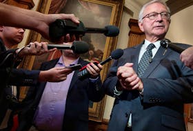 New Brunswick Premier Blaine Higgs talks to reporters Friday after his Tory government survived a non-confidence vote. — John Chilibeck, Local Journalism Initiative Reporter, The Daily Gleaner
