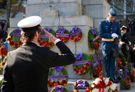 Some of the scenes from today's Remembrance day ceremony at the Grand Parade in Haifax Friday November 11, 2022. A memer of the Royal Canaidan Navy salutes the cenotaph.

TIM KROCHAK PHOTO