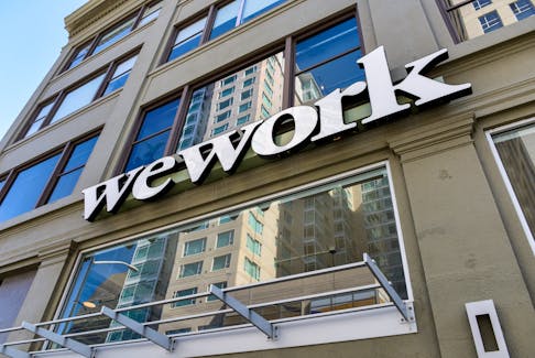 A WeWork logo is seen outside its offices in San Francisco, California, U.S. September 30, 2019. 