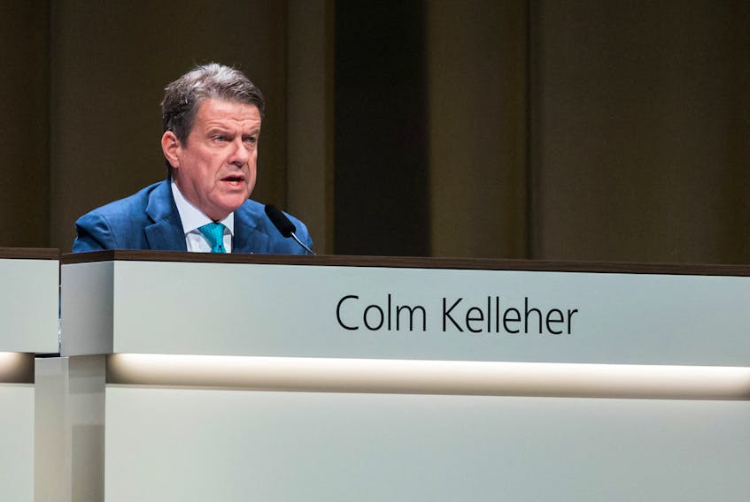 UBS Chairman Colm Kelleher speaks during the Annual General Meeting, two weeks after buying rival Swiss bank Credit Suisse, in Basel, Switzerland, April 5, 2023.