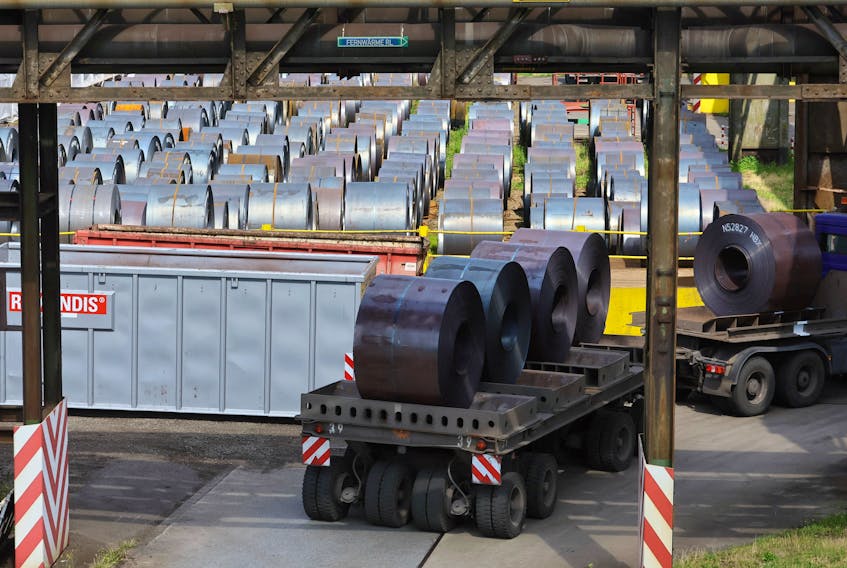 Steel coils are lined up at the steel plant of ThyssenKrupp in Duisburg, Germany, July 26, 2023.