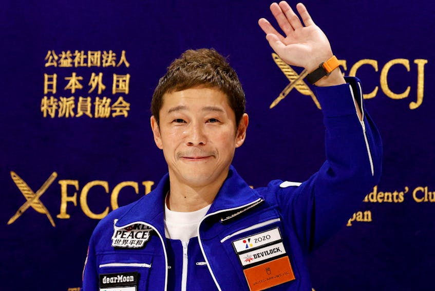 Japanese billionaire Yusaku Maezawa, who returned to Earth last month after a 12-day journey into space, attends a news conference after returning to Japan, at the Foreign Correspondents' Club of Japan, in Tokyo, Japan January 7, 2022. 