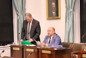 Mark McLane, left, minister of health and wellness, prepares for the legislative assembly on Nov. 8. Gilles Arsenault, minister of economic development, innovation and trade, sits beside McLane.