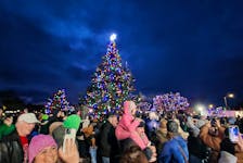 People celebrate the lighting of the Shelburne to Gloucester Christmas tree on Nov. 26. Contributed