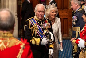 Britain's King Charles and Britain's Queen Camilla attend the State Opening of Parliament in the House of Lords Chamber, in London, Britain, November 7, 2023. Richard Pohle/Pool via