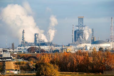 Multiple refineries including the Kinder Morgan Edmonton Terminal, that produces petrochemicals, is seen near Edmonton, Alberta, Canada, October 7, 2021. 